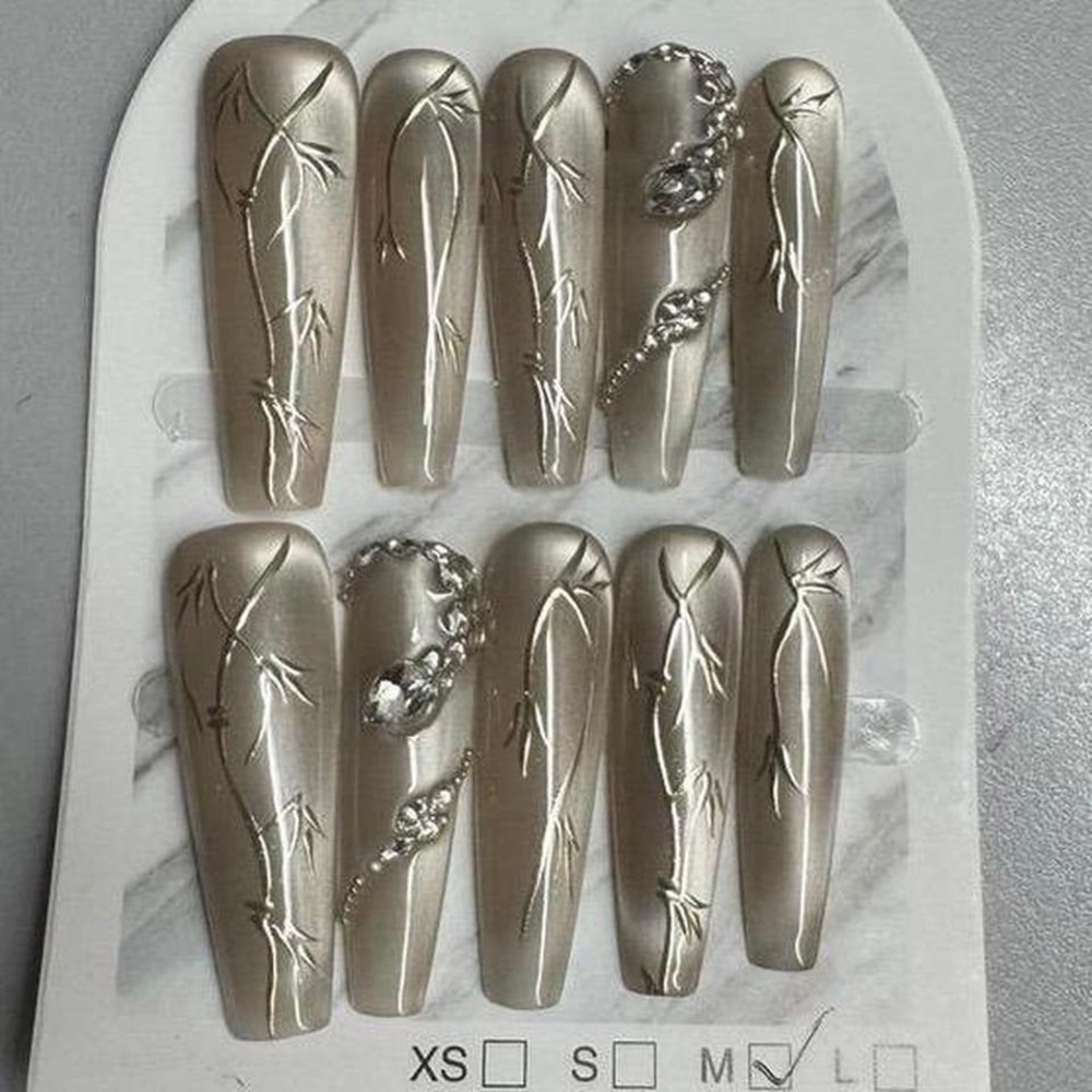 Press On Nails Bamboo Design Rhinestone Accent Long Coffin Fake‎ Nails